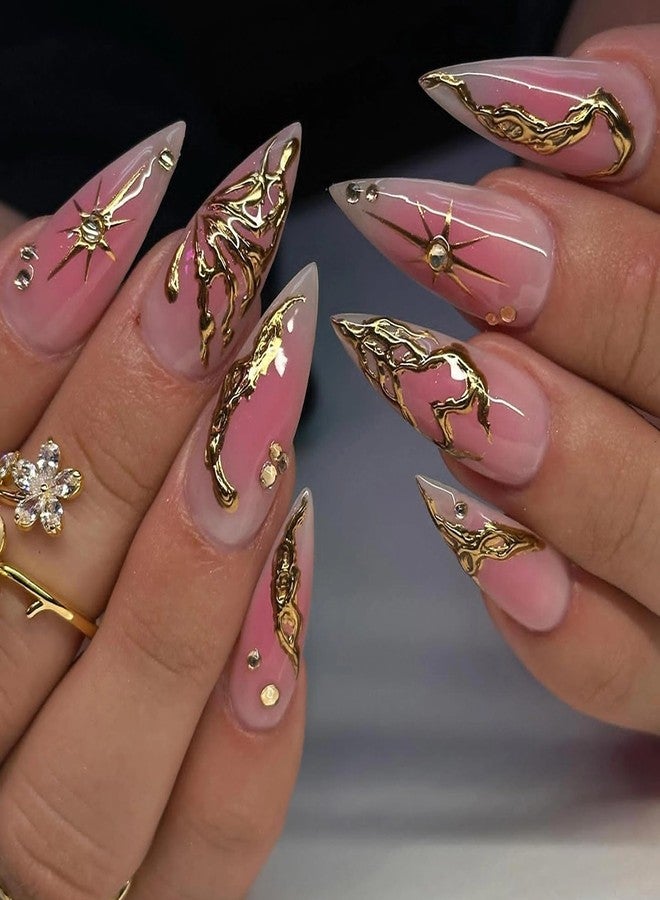 MISUD Press on Nails - Long Stiletto Fake Nails with Pink Ombre, Acrylic 3D Gold Chrome Design 24 pcs - Image 1